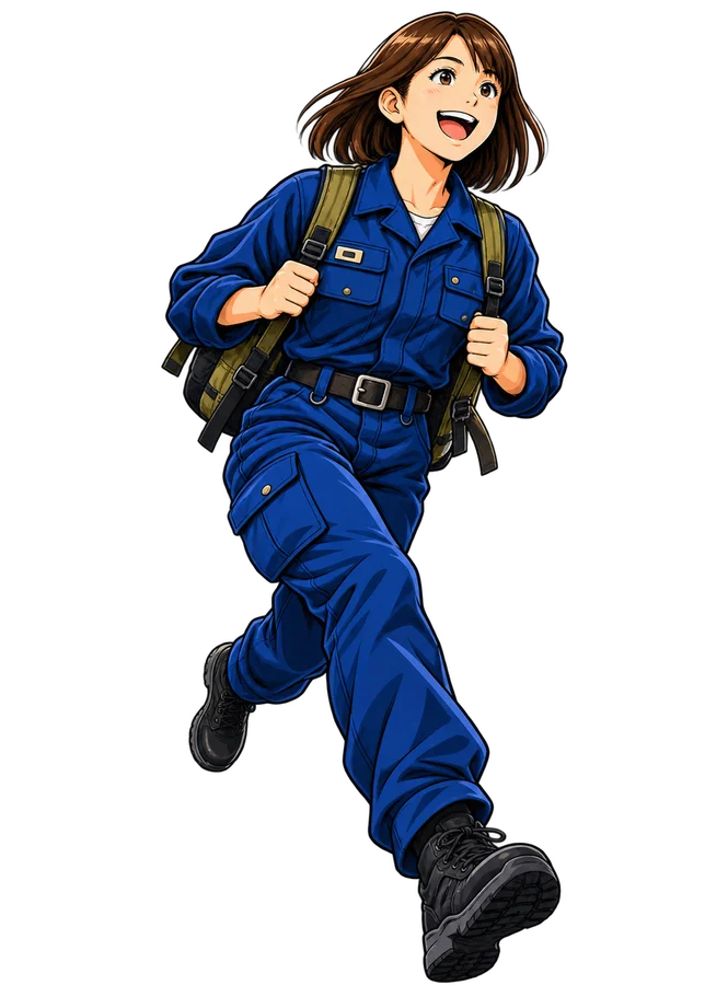 リュックを背負い、笑顔で駆け出す日高さんのイラスト