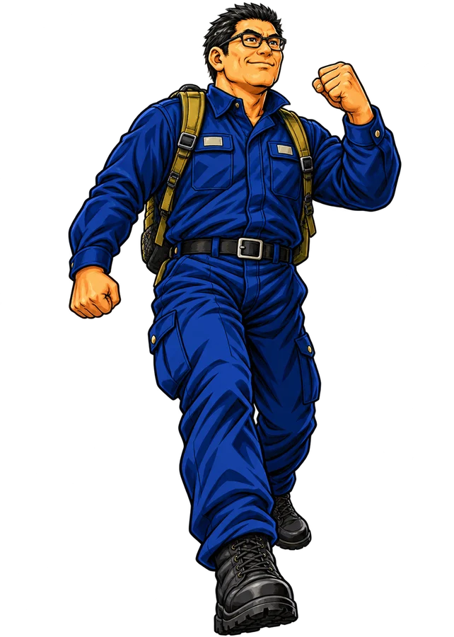 眼鏡をかけ、拳を握って歩く佐竹のイラスト