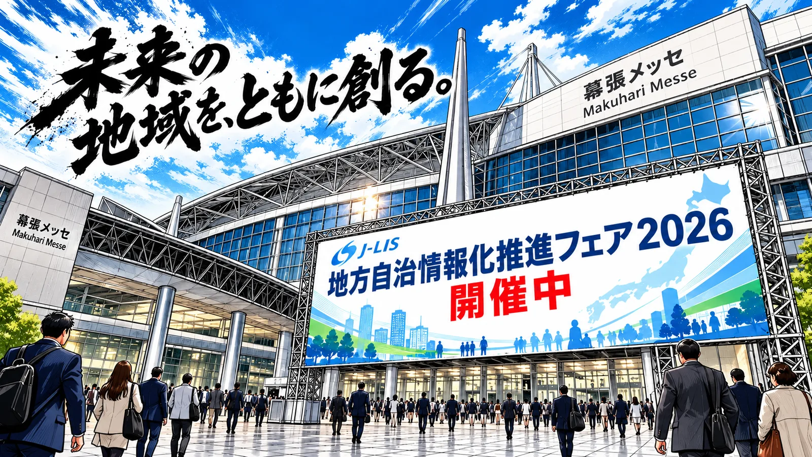 青空の下、劇画調で描かれた幕張メッセの正面。『地方自治情報化推進フェア2026 開催中』の大看板に向かって来場者が歩いていく
