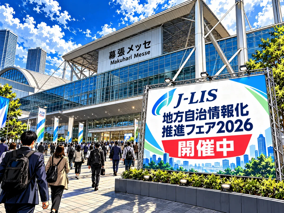 青空の下の幕張メッセ正面。『地方自治情報化推進フェア2026 開催中』の看板の前を来場者が行き交うイラスト